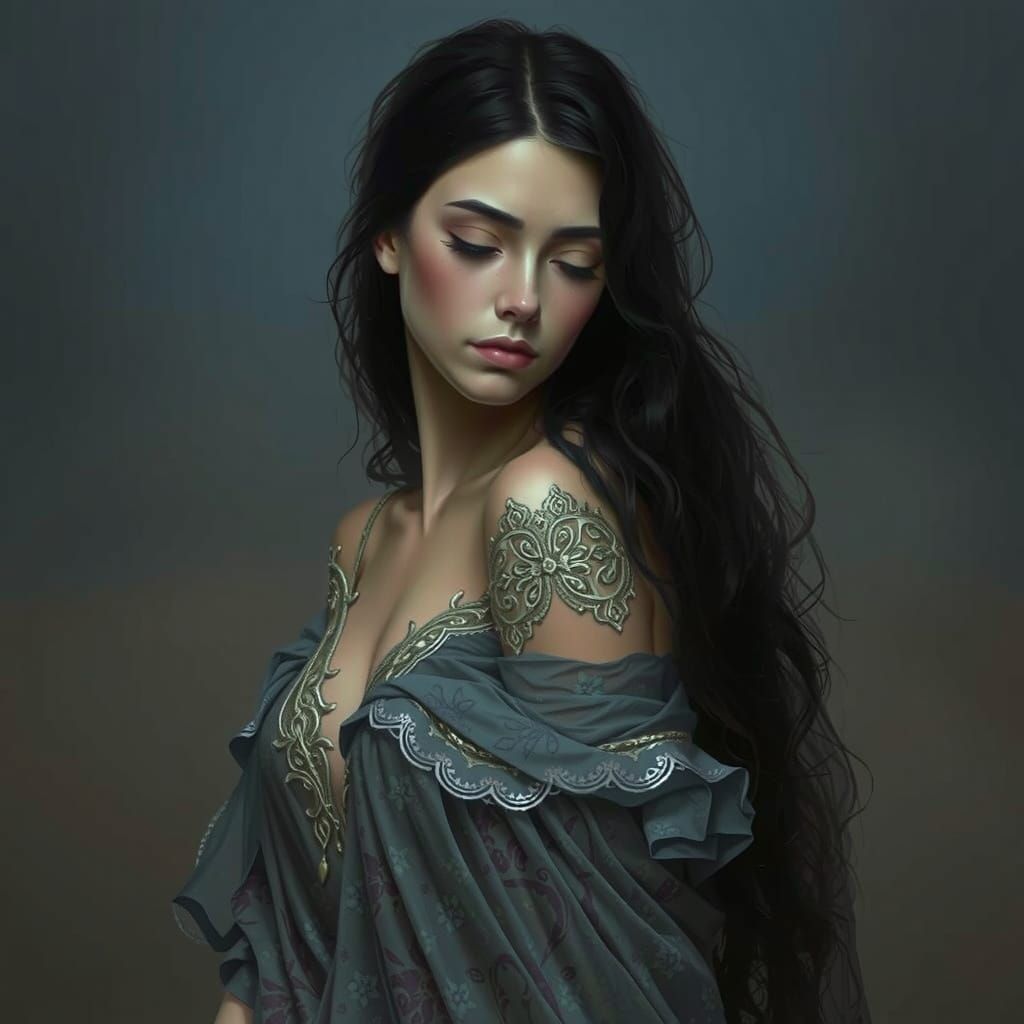 Sorrowful Maiden Lost in Ethereal Dreamscape