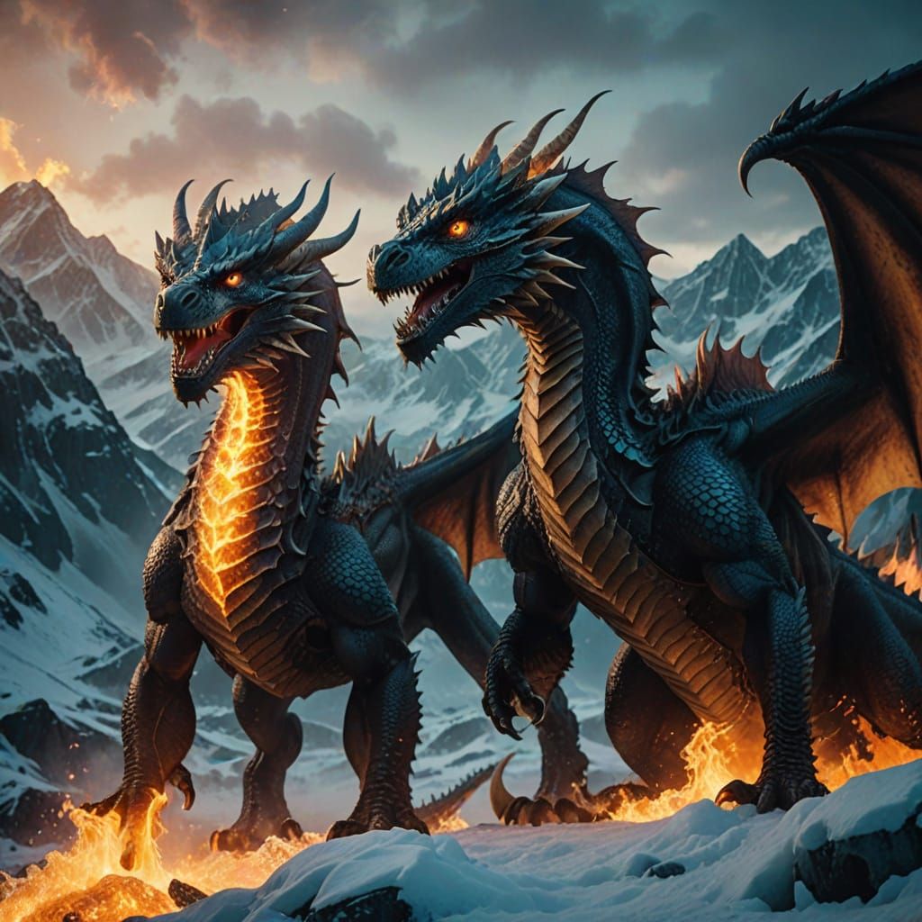 Epic Cinematic Film Still of Fire and Ice Dragons in Frosty ...