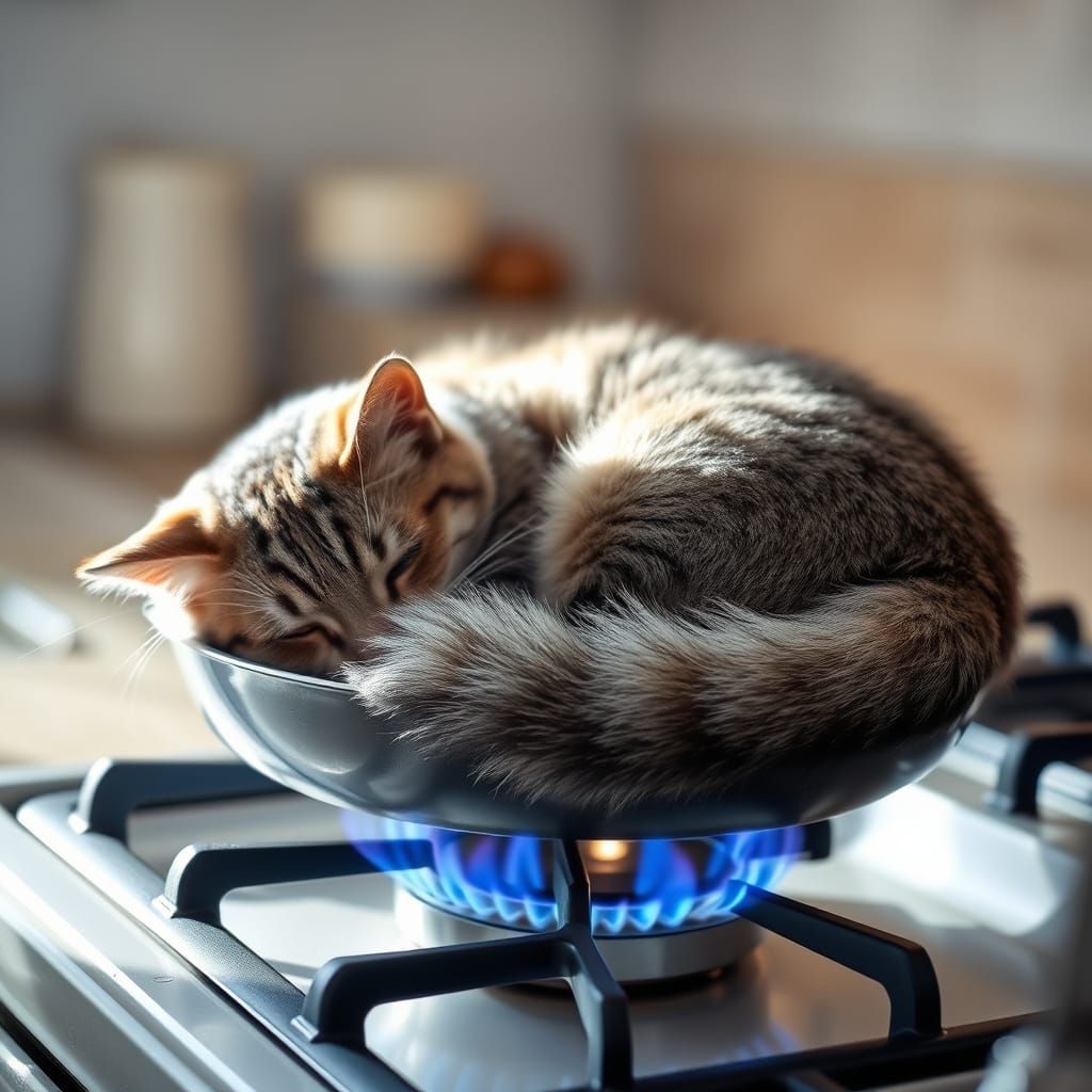 Peaceful Silver Tabby Cat Naps on a Gas Stove