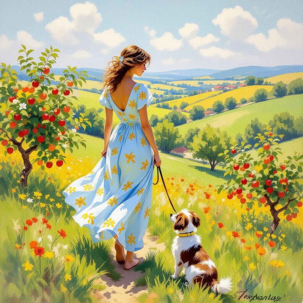 Lady with Dog in Impressionist Landscape