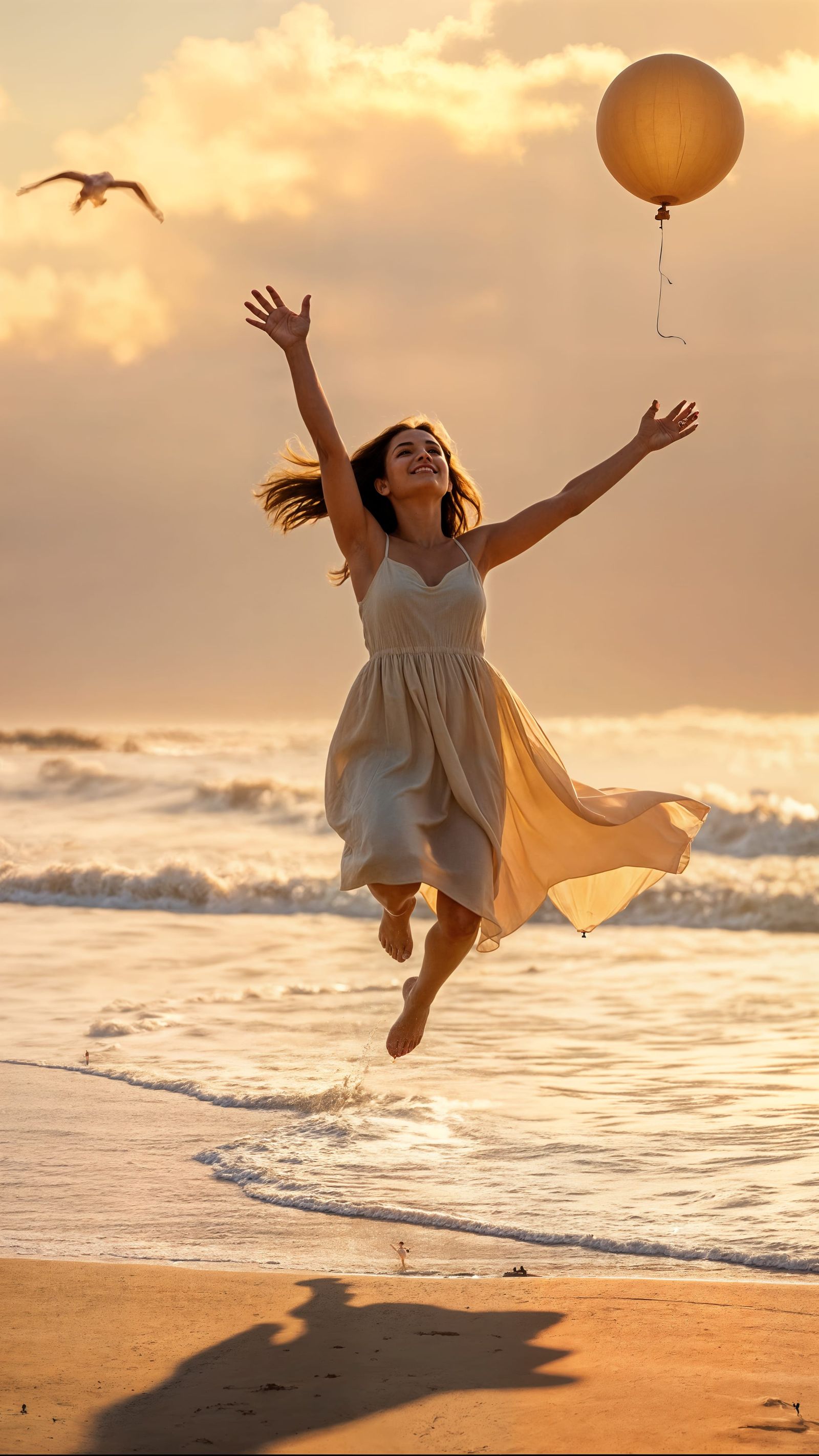 Woman Reaching for Balloon on Sunlit Beach