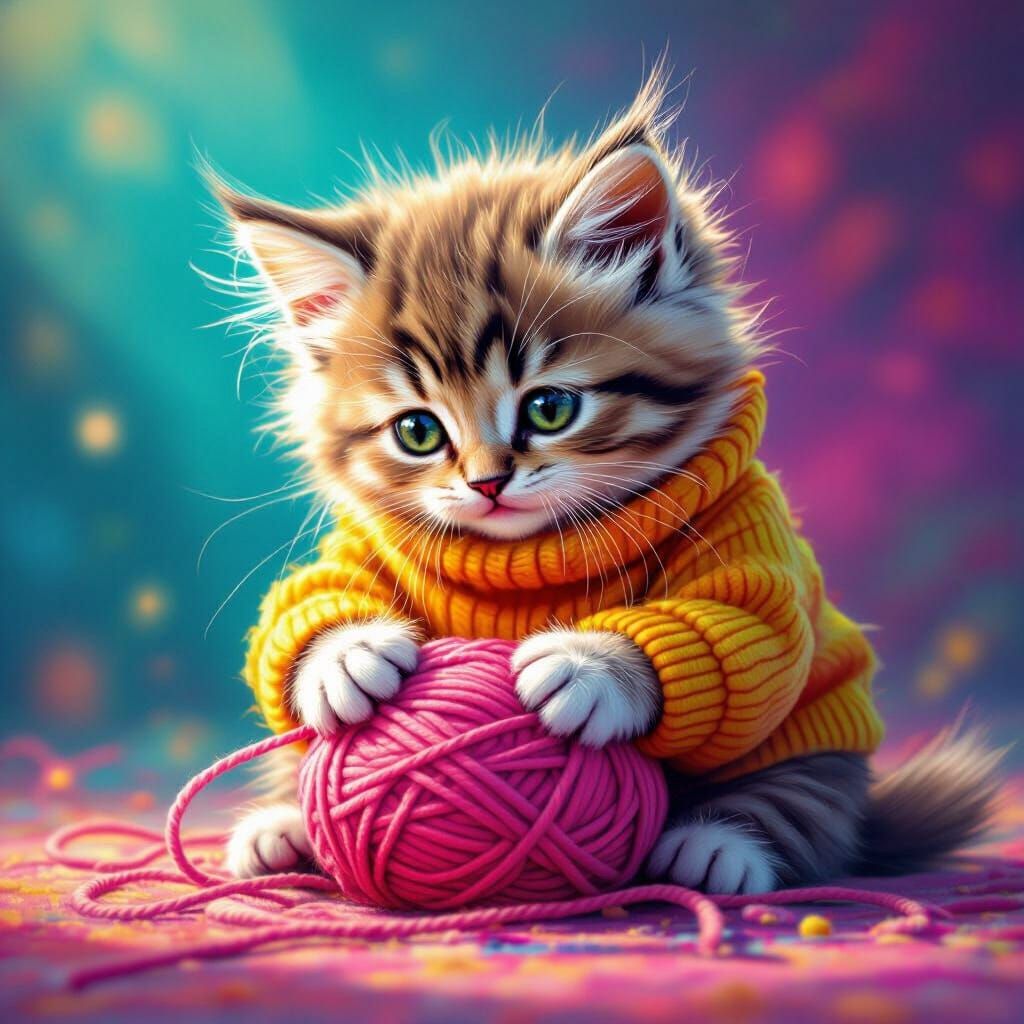Fluffy Kitten Plays with Yarn in Hyperrealistic Style
