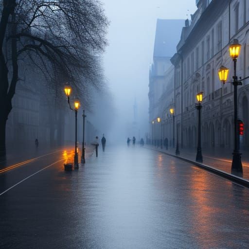 Fog-Shrouded Prague: An Ominous Oil Painting