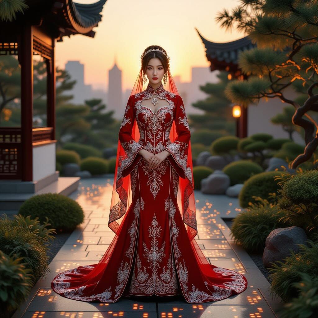Chinese Bride in Red Dress in Futuristic Garden