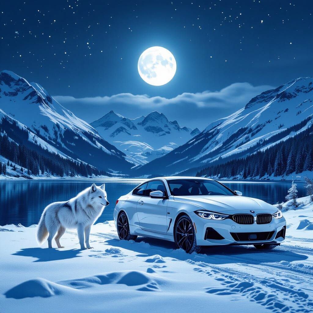 BMW Car and White Wolf by Moonlit Winter Lake