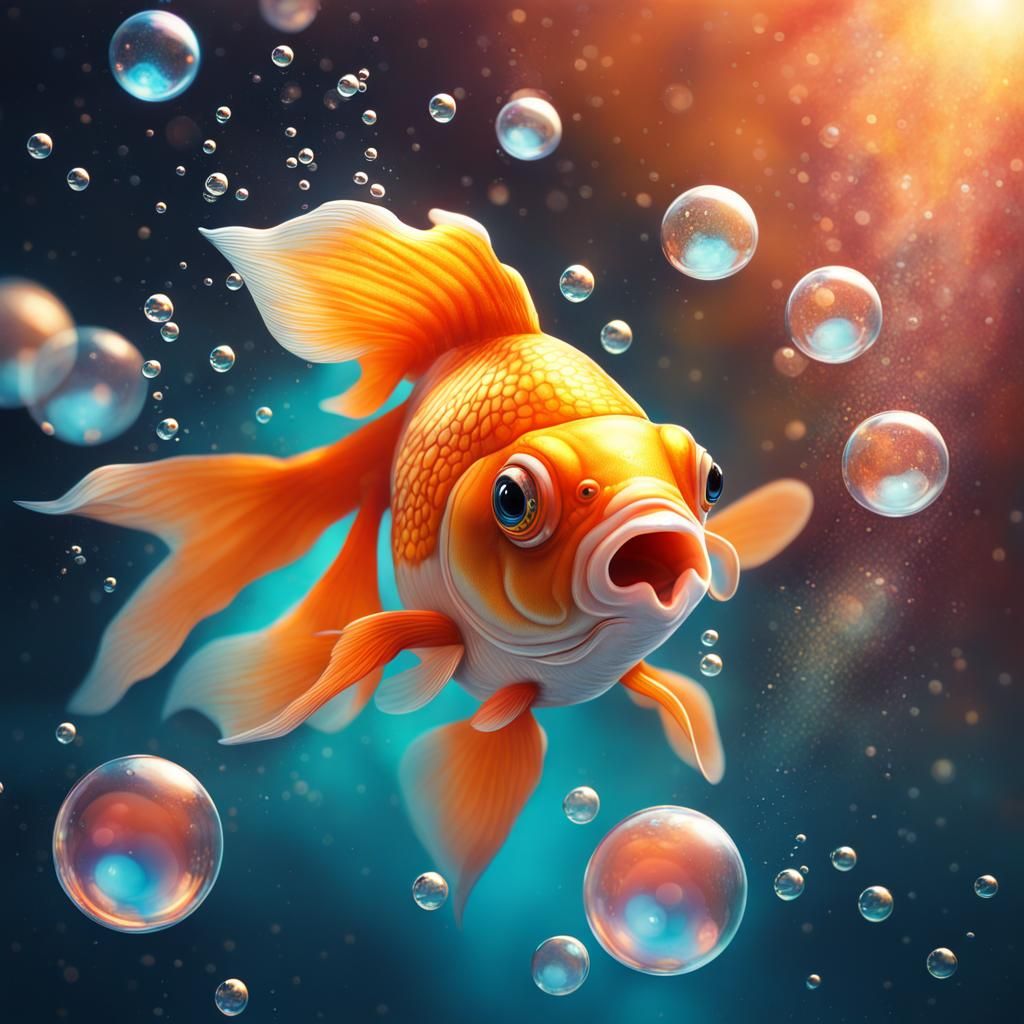 Googly-Eyed Goldfish in Space: Hyperrealistic Splash Art