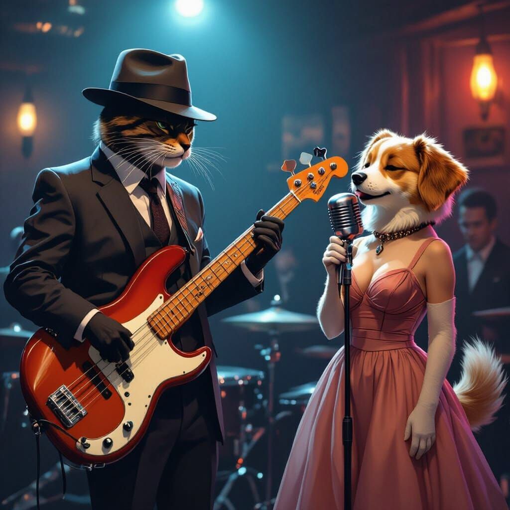 Jazz Cat and Dog Singer at Night Club