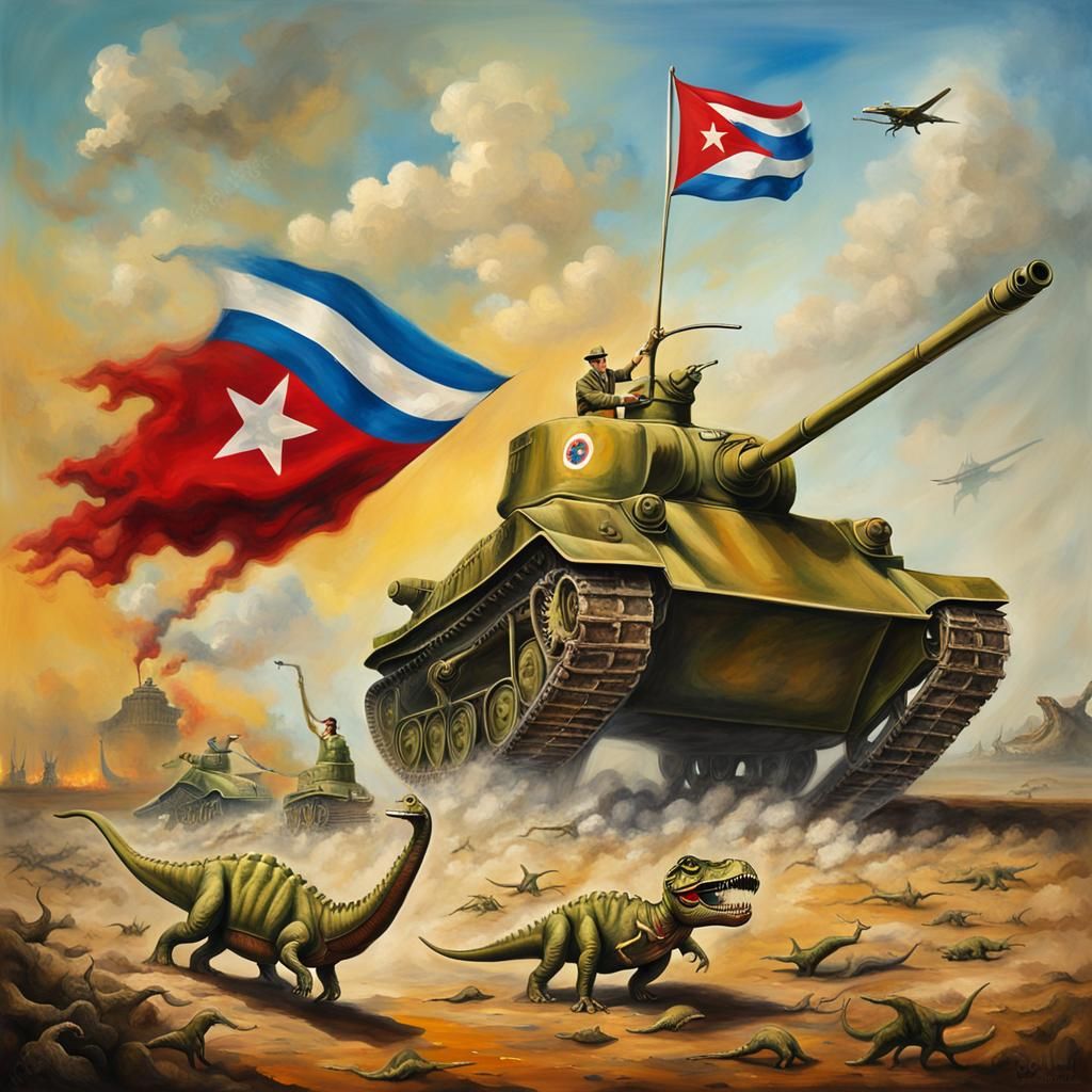Surreal Tank vs Dinosaur with Cuban Flag