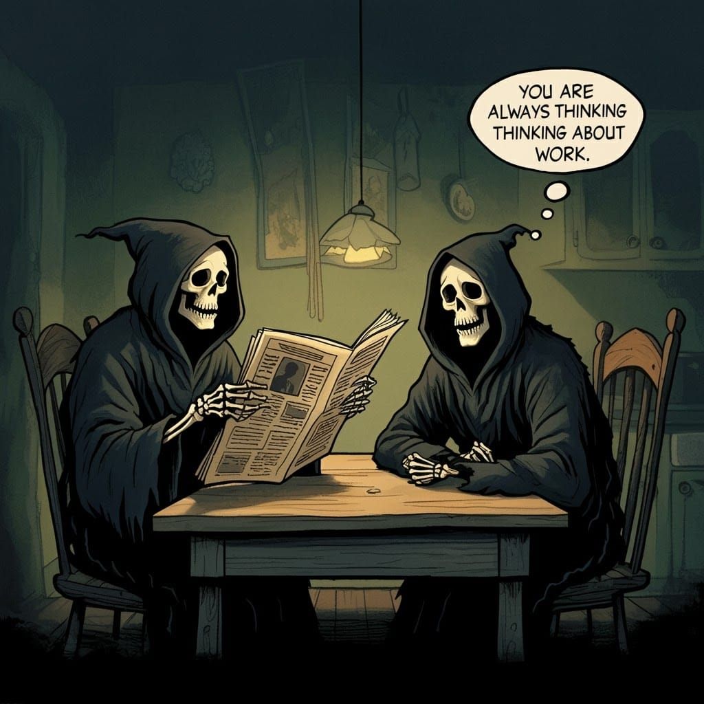 Grim Reapers Reading Obituaries in Gothic Style