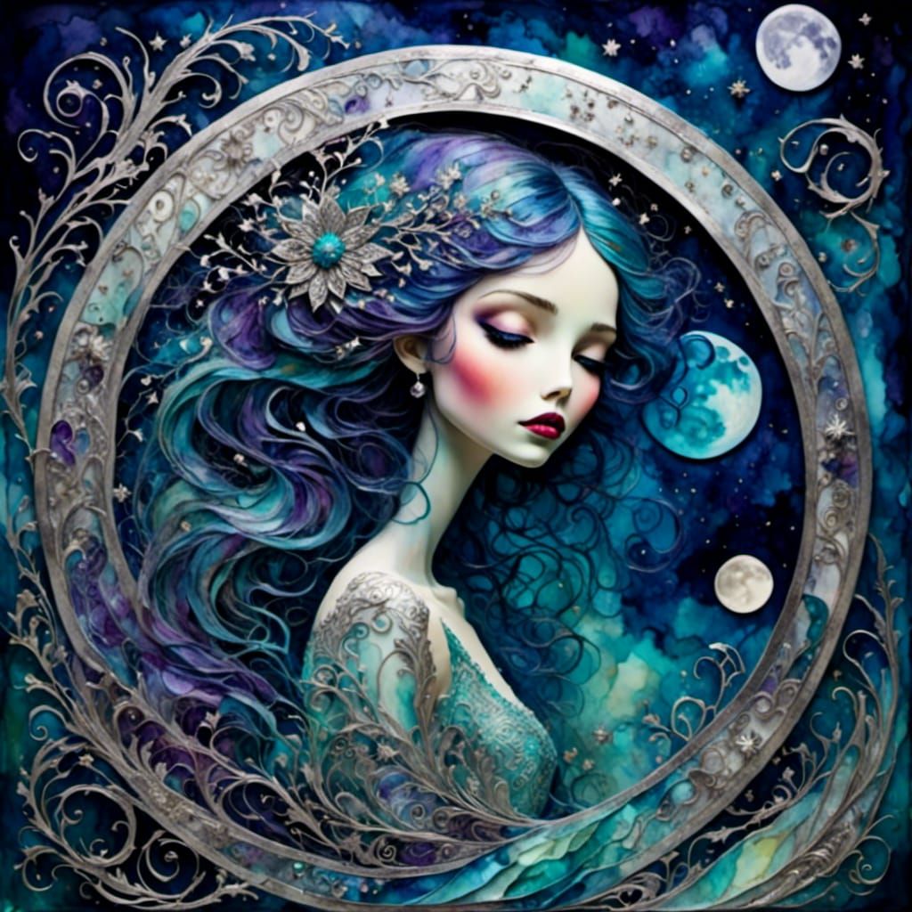 Cosmic Moon in Silver Paisley Frame: Surreal Fantasy Art