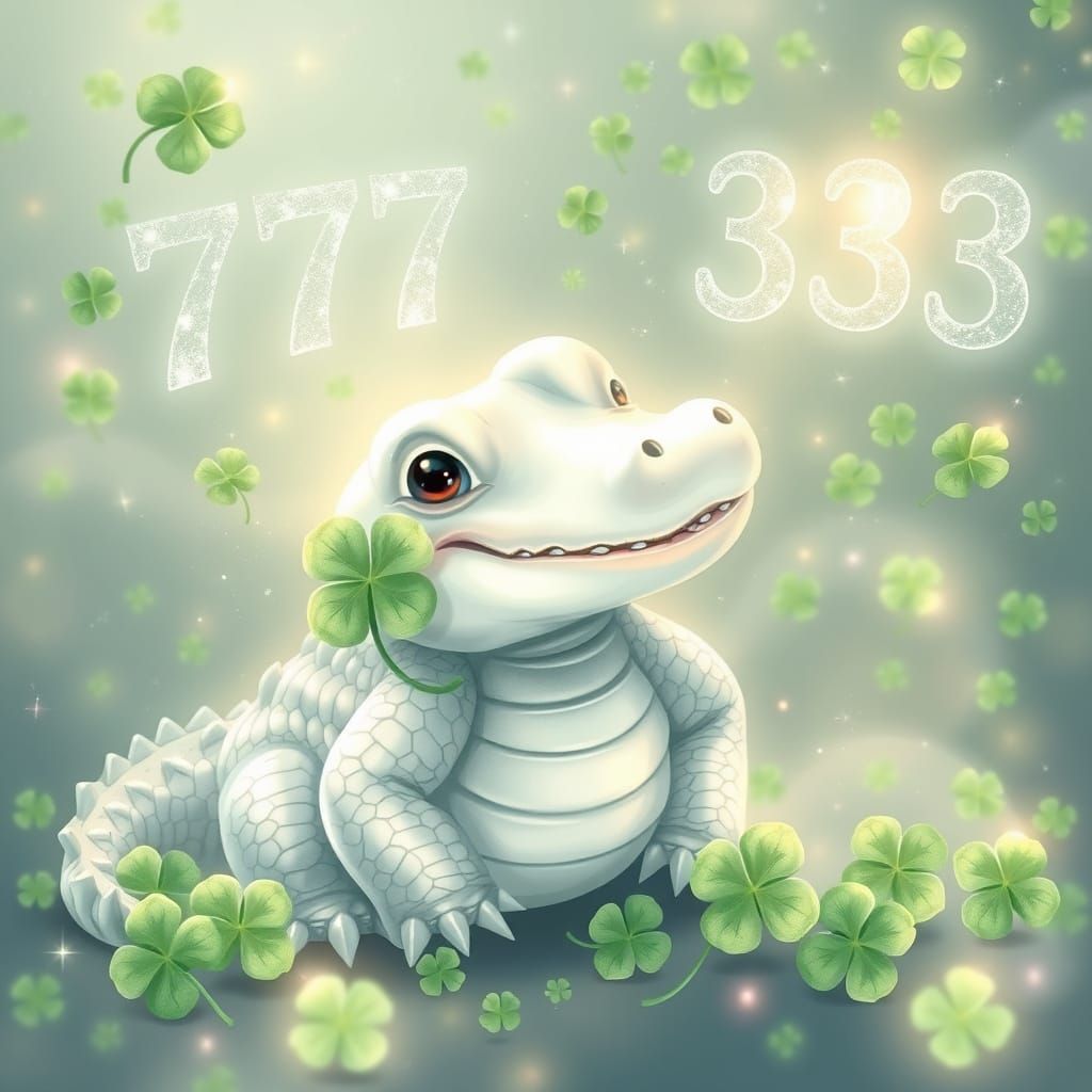 Whimsical Snow White Crocodile in a Halo of Green and Silver