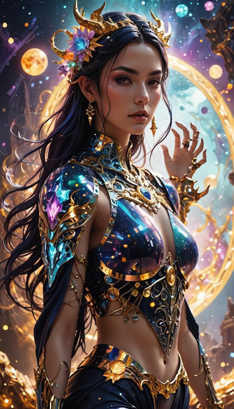 Dragon Girl with Robot Skeleton in Space