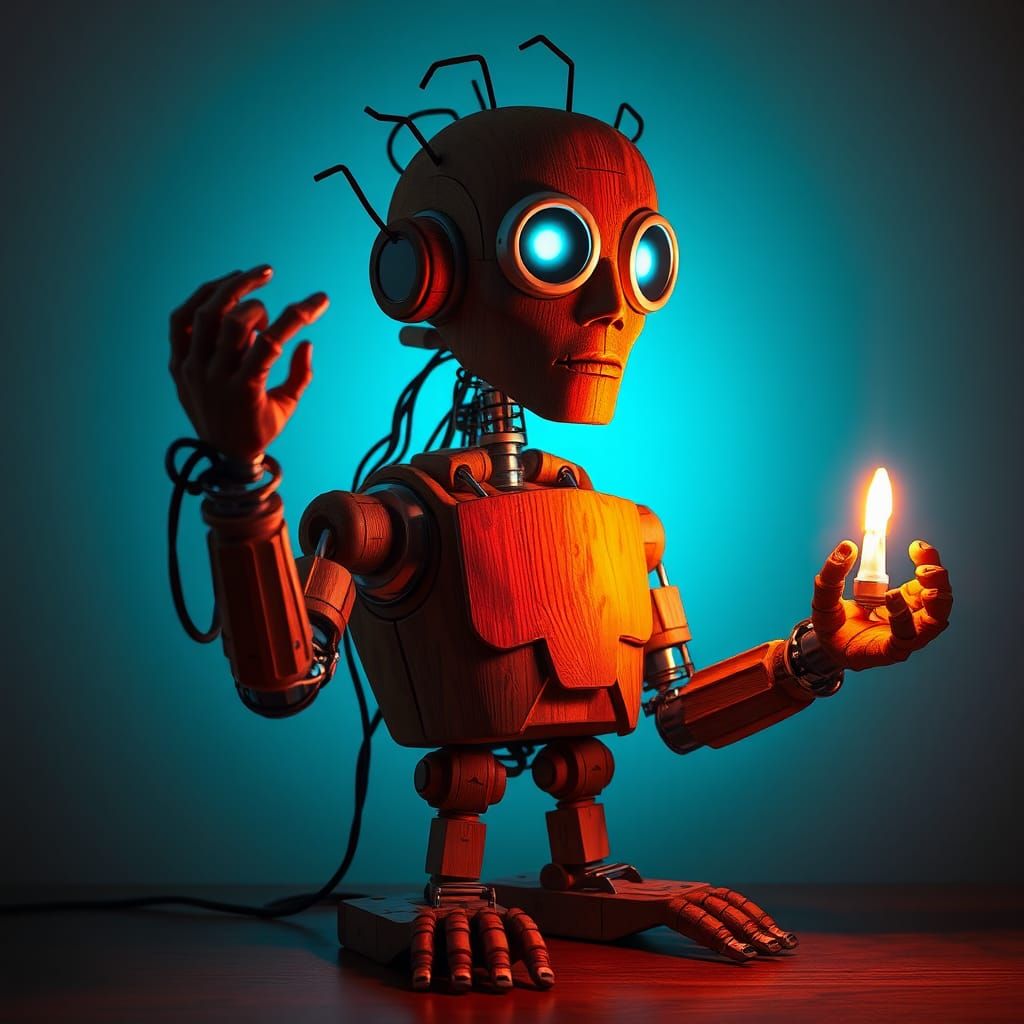 Neon Robotic Wooden Creation: Unique AI Art