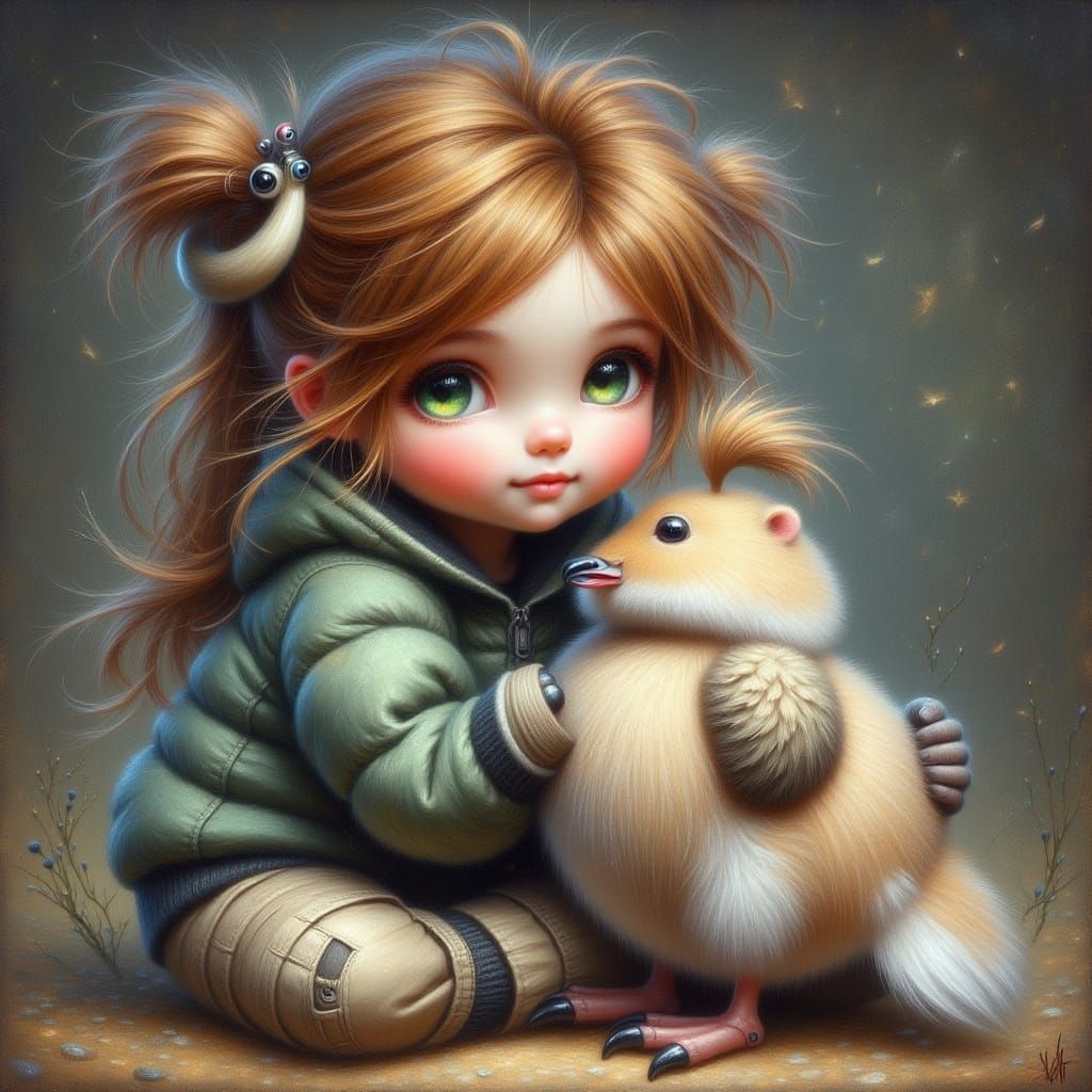 Young Girl Holds Goose in Chalk Art Sketch Style