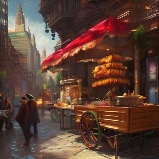New York Hotdog Cart: Oil Painting Street Scene