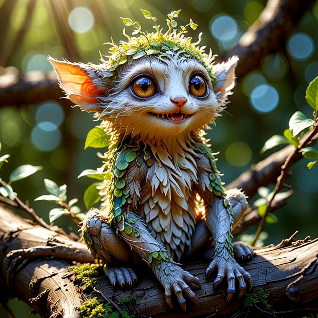 Ethereal Creature Sits Smiling on Branch in a Dreamlike Worl...