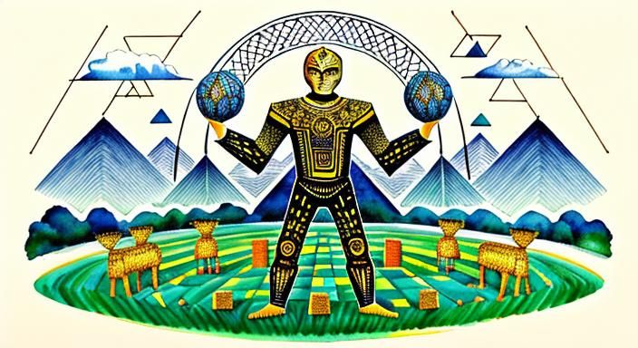 large geometric wicker man standing in a field,  line drawing, fine detail, intricate detail, high quality, vivid, water...