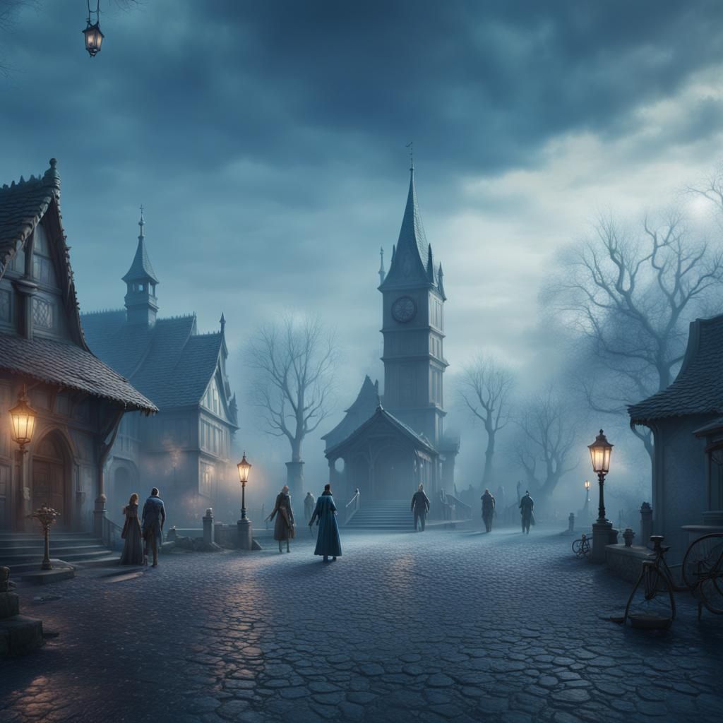 Dreamy Village Square in Blue Haze, Fantasy Art