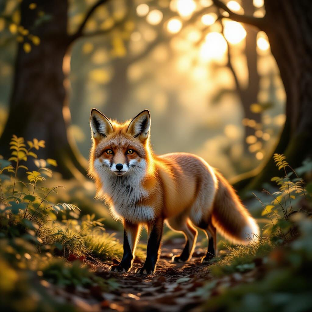 Alert Fox in Enchanted Forest at Golden Hour