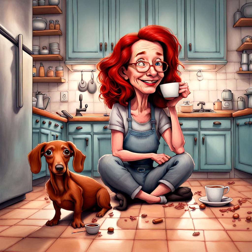 Tired Woman with Puppy: Colored Pencil Caricature