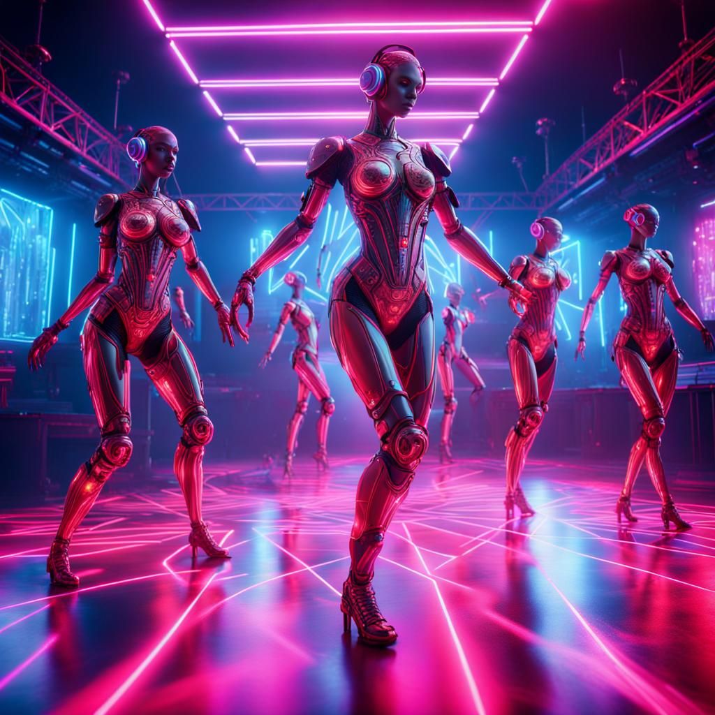 Cyborg Dancers in Nightclub with Robot DJ