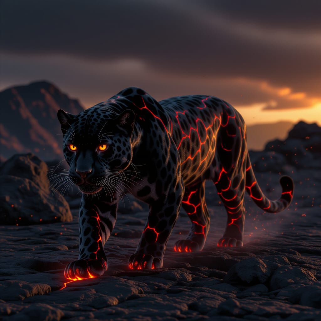 Lava Jaguar on Volcanic Ground in Hyper-Realism