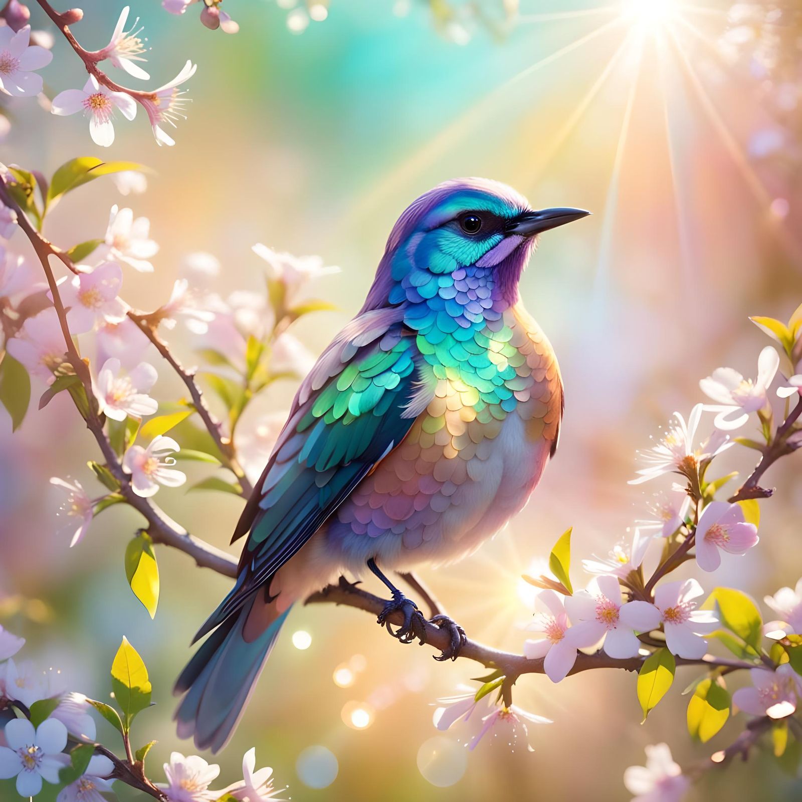 Iridescent Bird on Blooming Branch in Sunlight