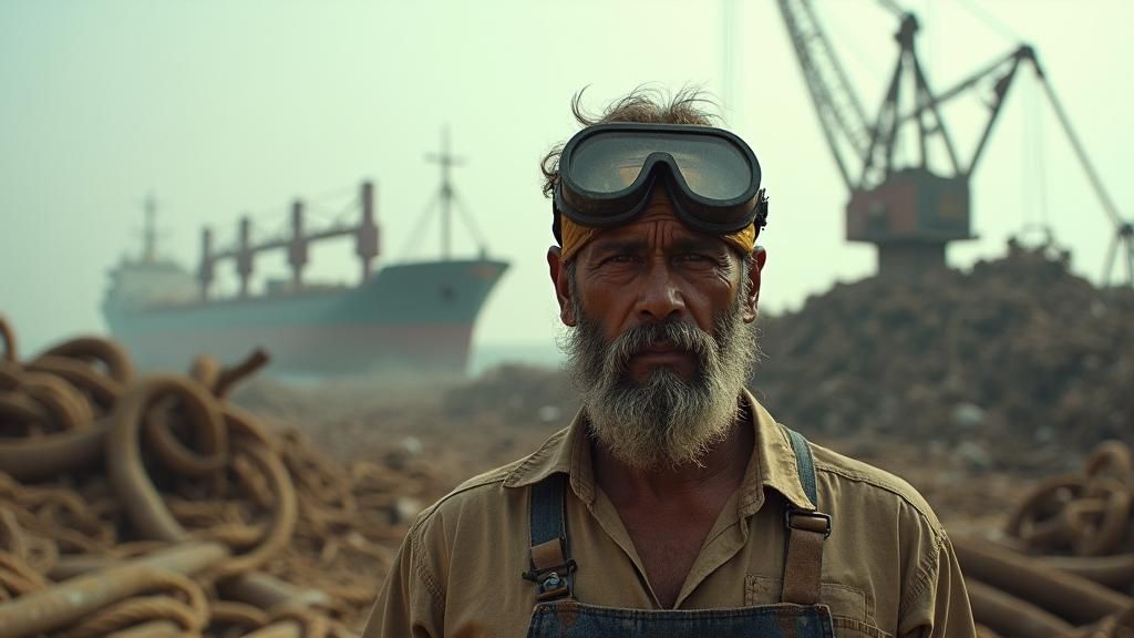 Bangladeshi Shipbreaker in Scorching Scrapyard, Gritty Docum...