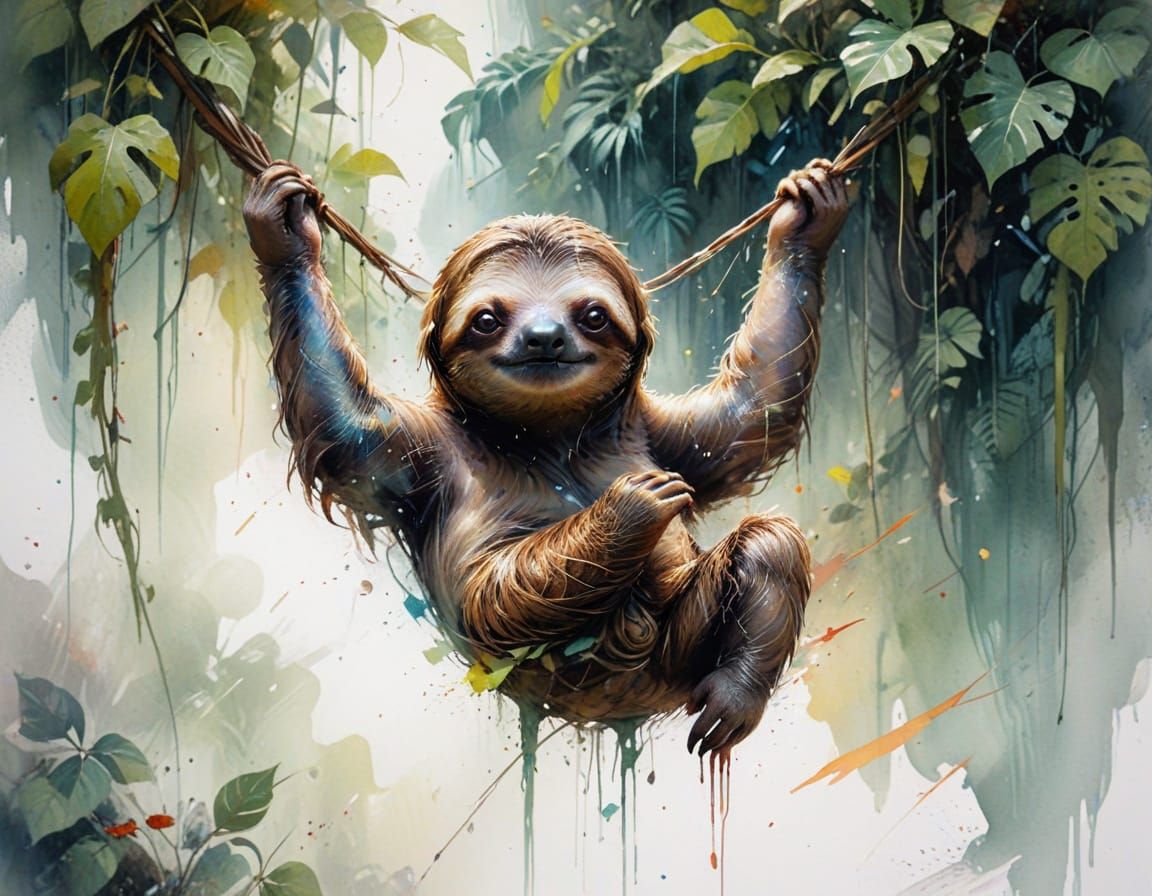 Baby Sloth Over Waterfall as Neo-Impressionist Oil Painting
