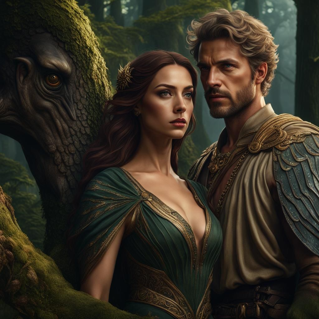 Mythical Hyperrealistic Portrait of a Couple in Forest