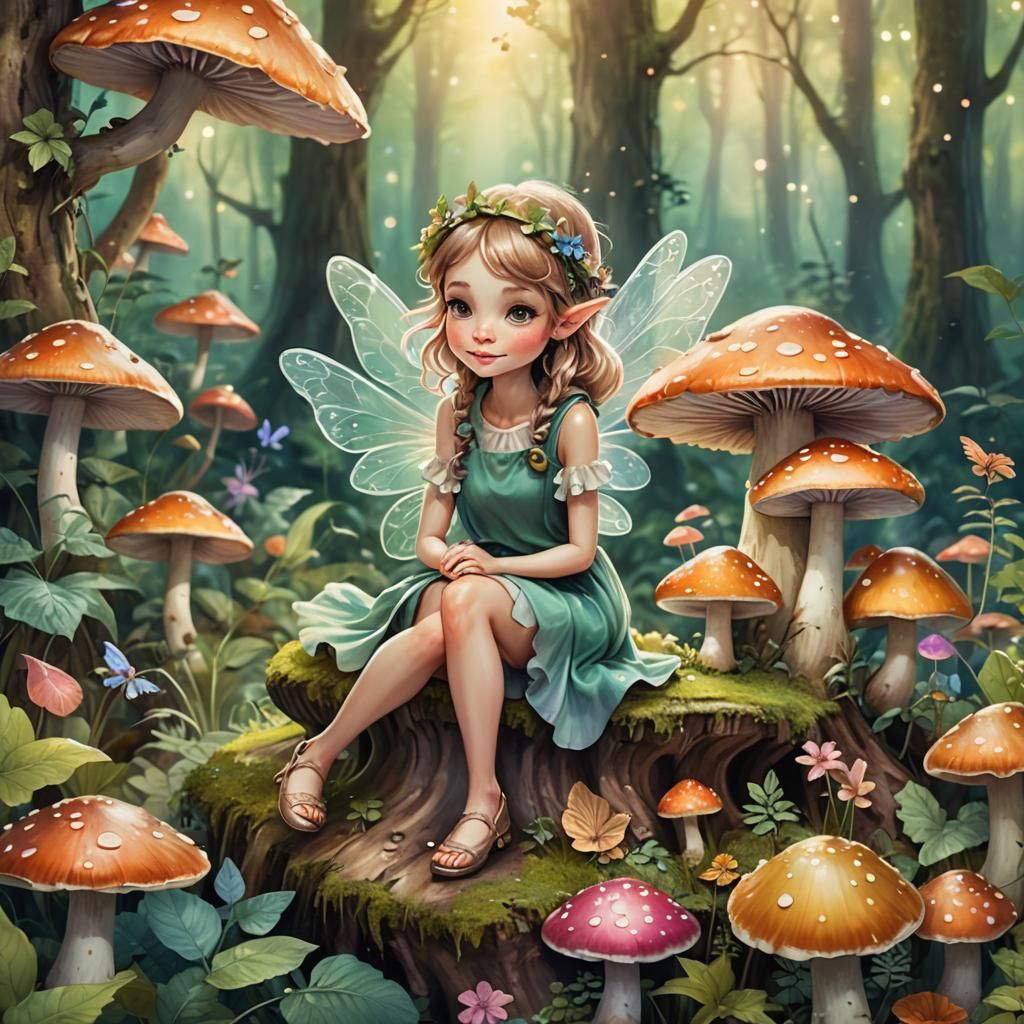 Fairy on Mushroom: Whimsical Fantasy Illustration