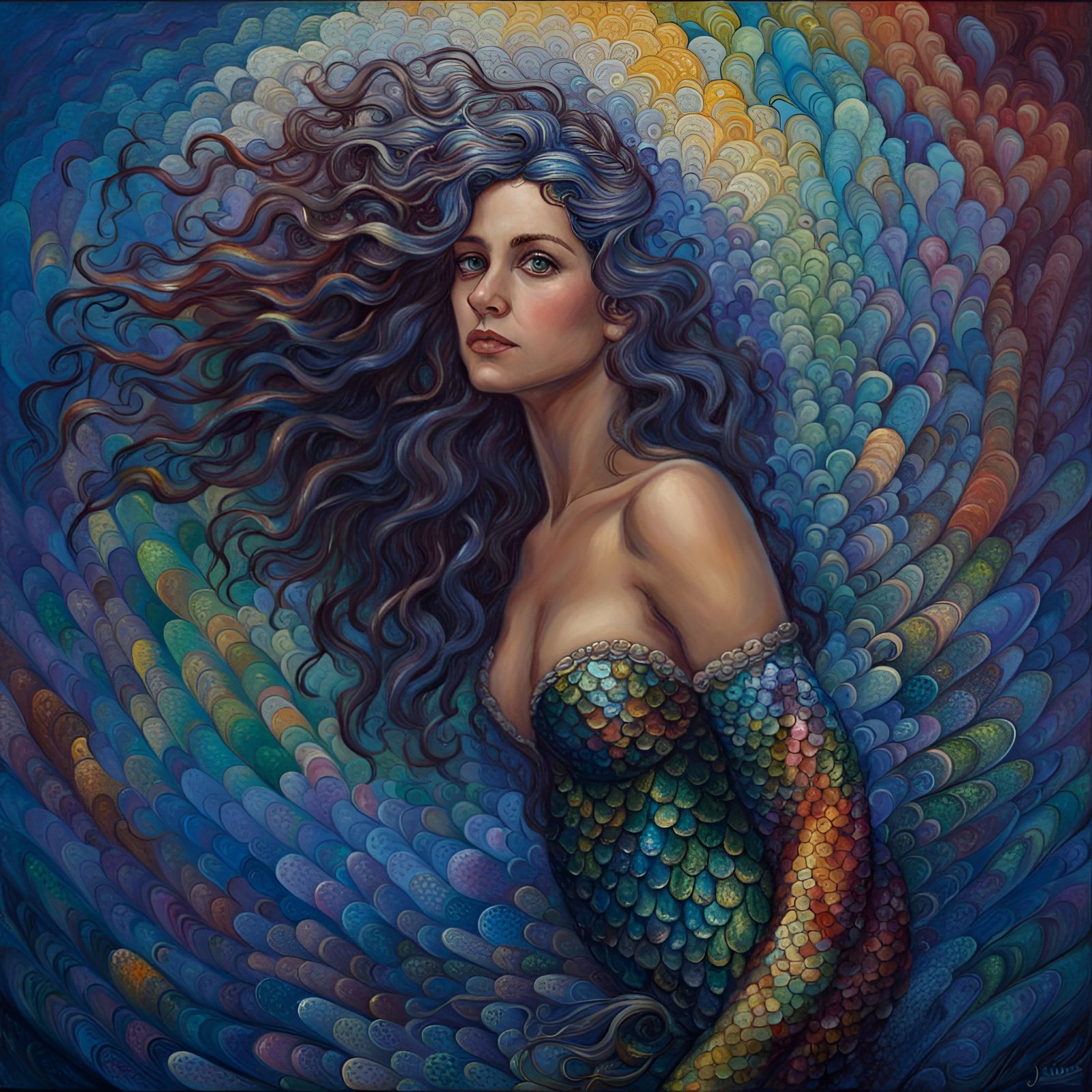 Rainbow Scaled Mermaid in Deep Blue Ocean