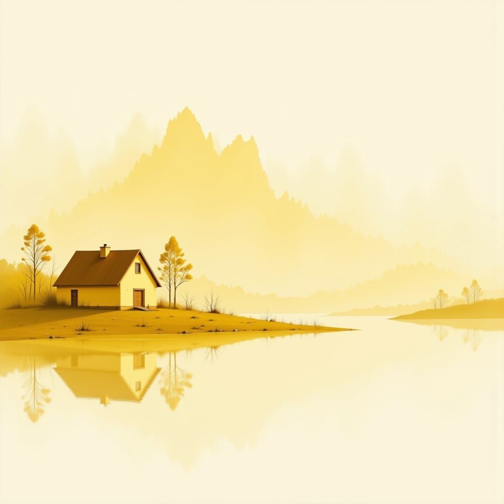 Minimalist Yellow Landscape of a Home by a Misty Lake