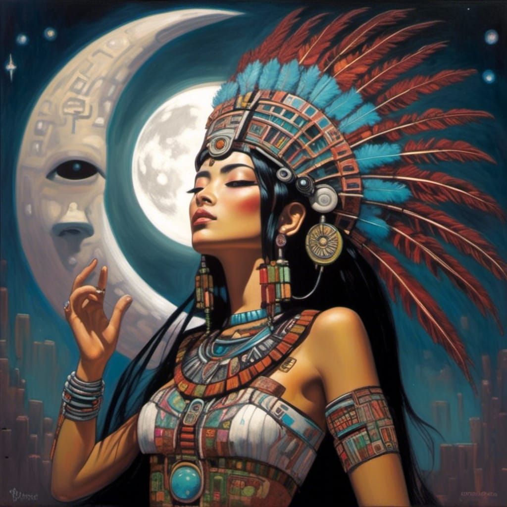 <lora:Sin City:1.0>Mayan Princess in feather headdress worsh...