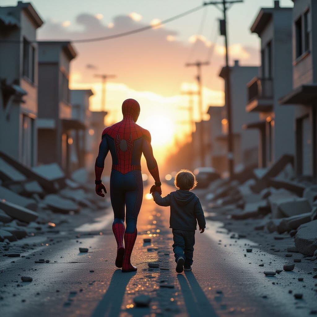Spider-Man Walks With Child Through Ruined City