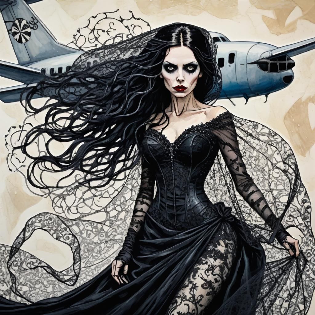 Black Widow Bride Skydiving: Tim Burton Style