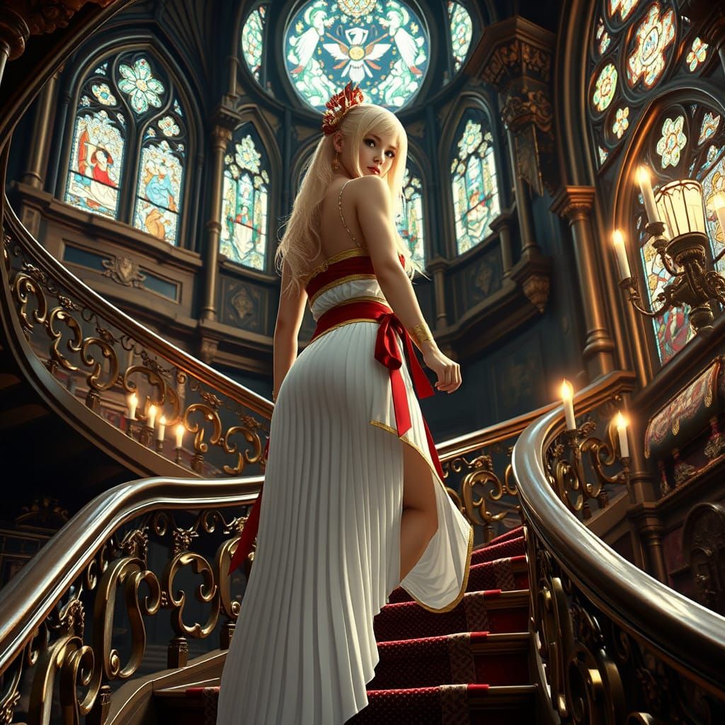 Gothic Princess Ascends Grand Staircase in Opulent Castle