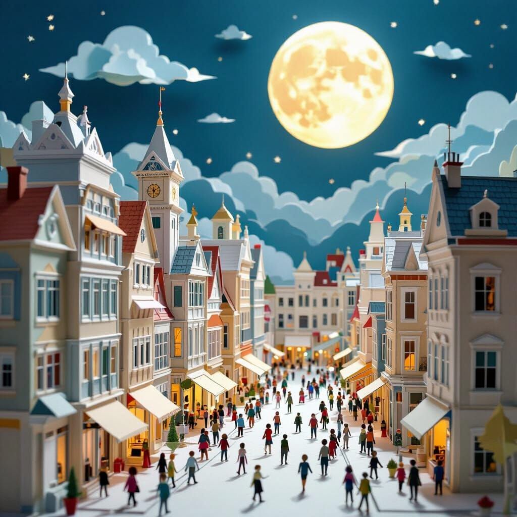 Intricate Paper City Square with Folded Moon