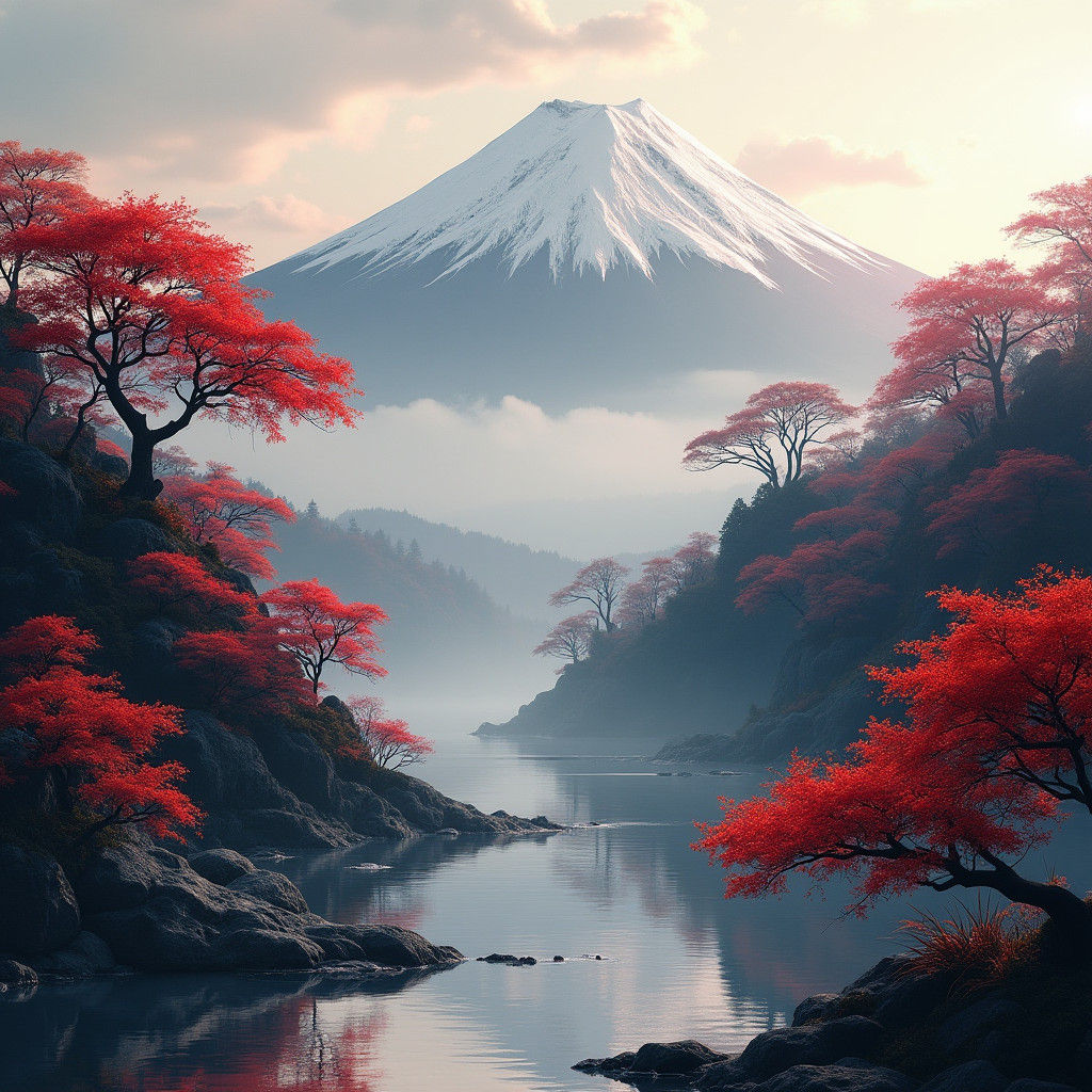 Mt Fuji Landscape in Trash Polka Matte Painting