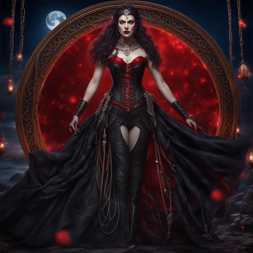 Goddess in Dark Fantasy Gown Under Night Sky