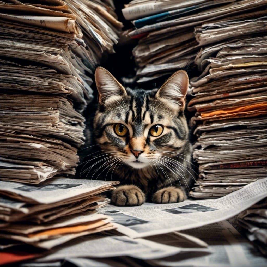Cat hiding under piles of newspapers and magazines