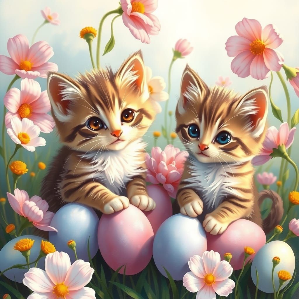 Whimsical Easter Kitten Scene in Watercolor Style