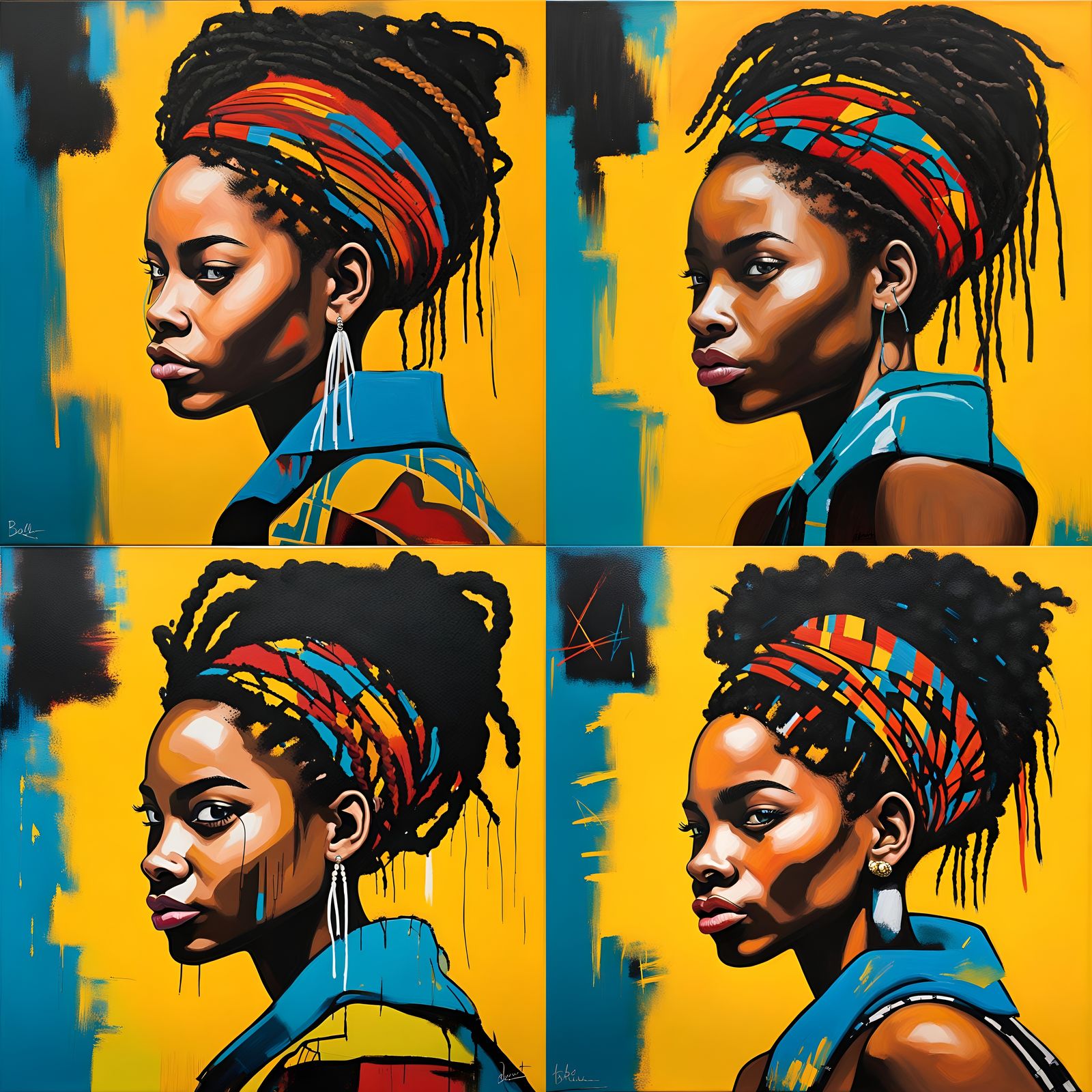 An acrylic painting depicting the profile of a beautiful 19-year-old ebony woman with very smooth mocha skin and cornrow...