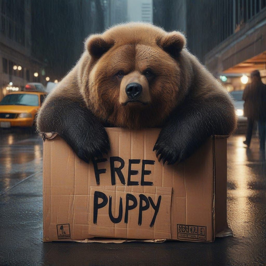 Angry Kodiak Bear in a Cardboard Box, City Street at Night