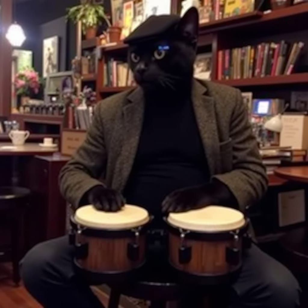 Surreal Beatnik Cat Plays Bongos in Bohemian Bookstore