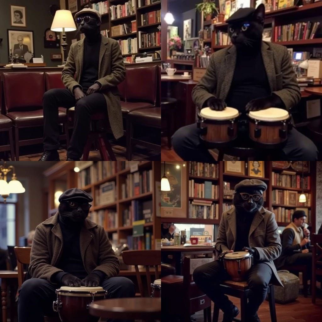 Elegant Feline Beatnik in Cozy Bookstore Café