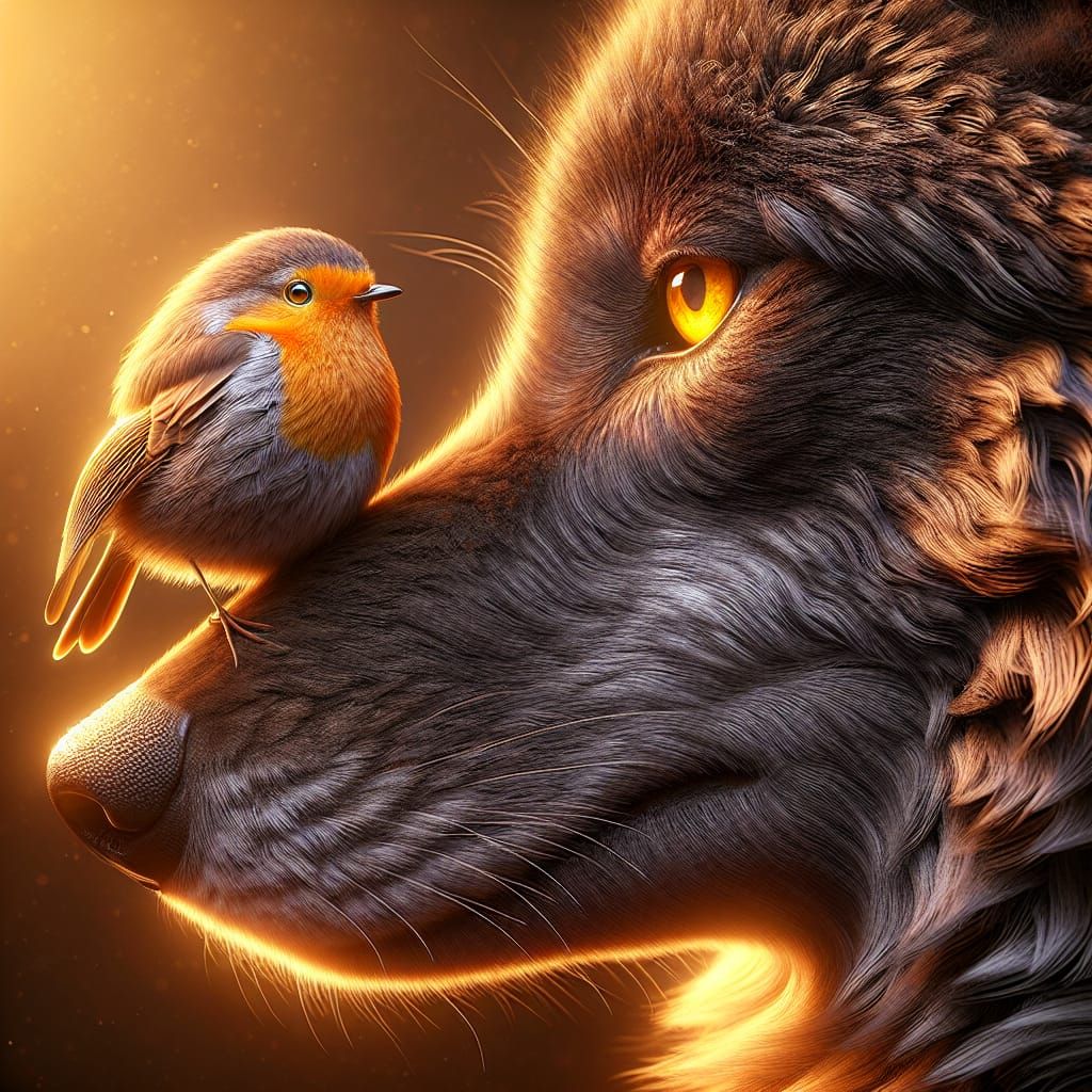Robin and Wolf in Golden Light: Hyperrealistic Rendering