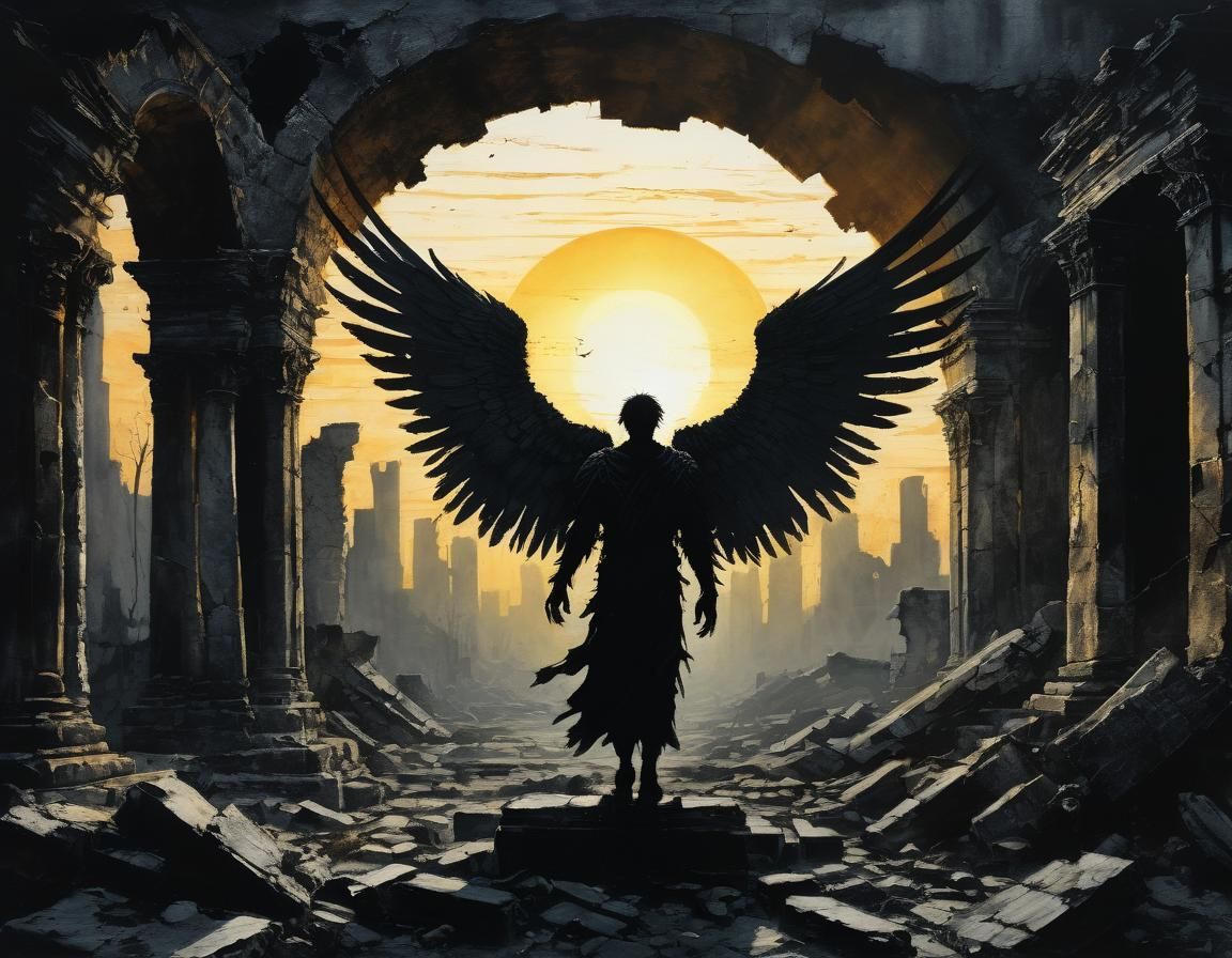 Fallen Angel in Ruins: Ink Wash Silhouette