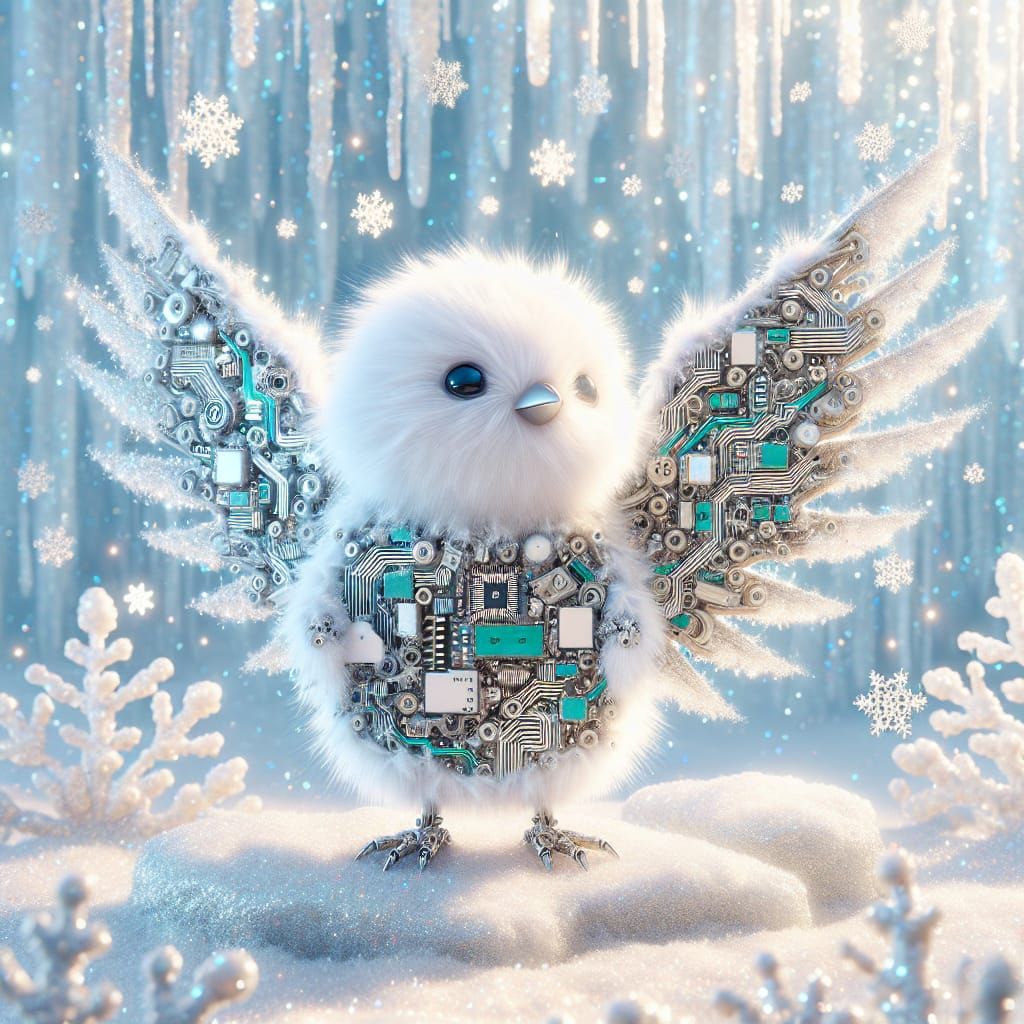 Robotic Bird in Icy Landscape as Impasto Painting