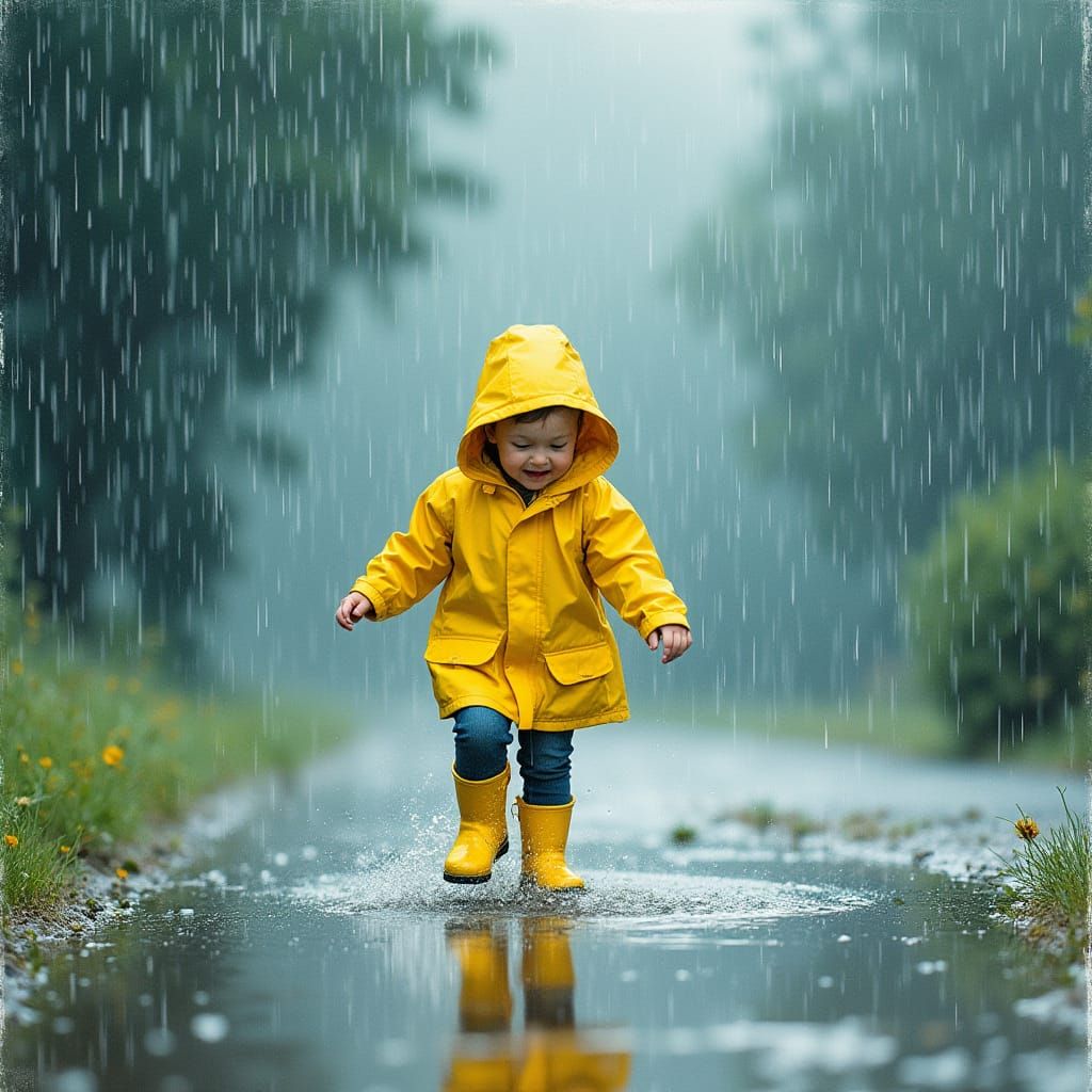 Whimsical Child Dances in Puddles Amidst a Monet-Inspired St...